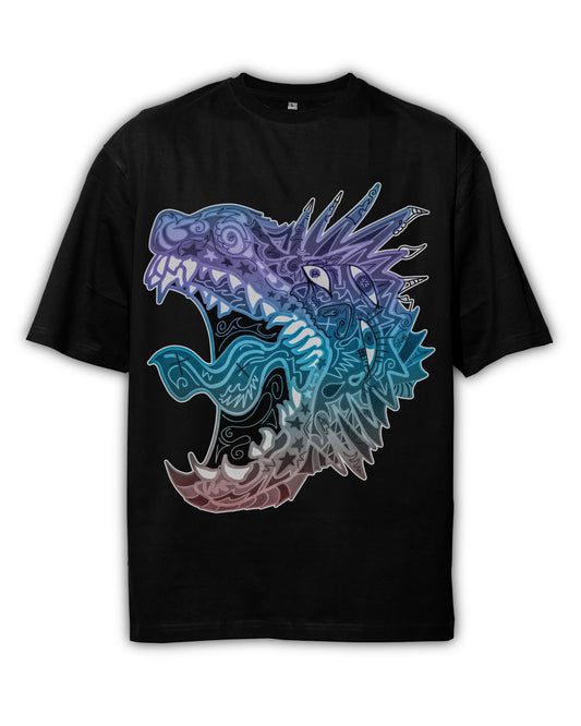 Black t-shirt with a colorful dragon graphic on a white background