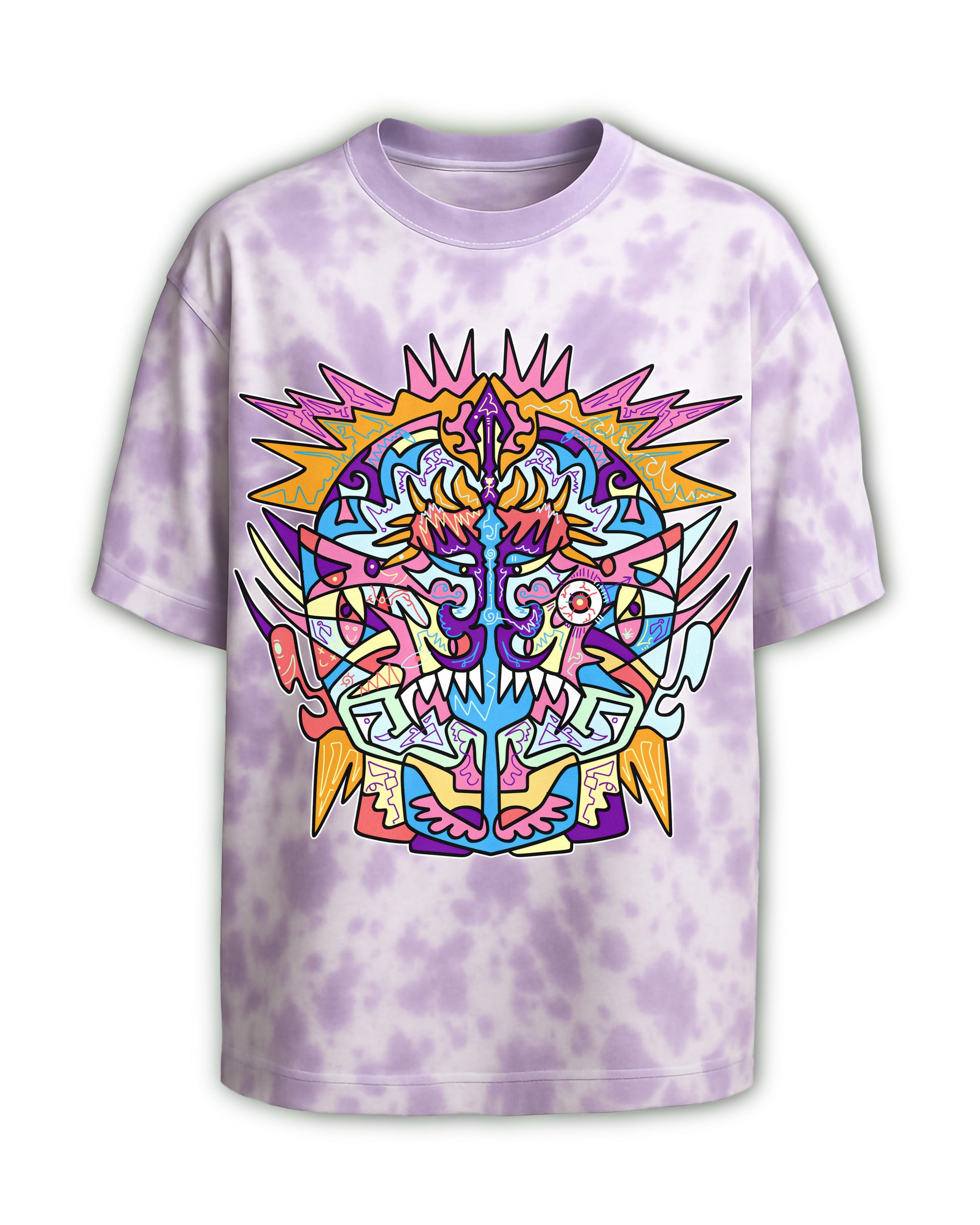 Tie-dye t-shirt with a colorful geometric design on a white background


