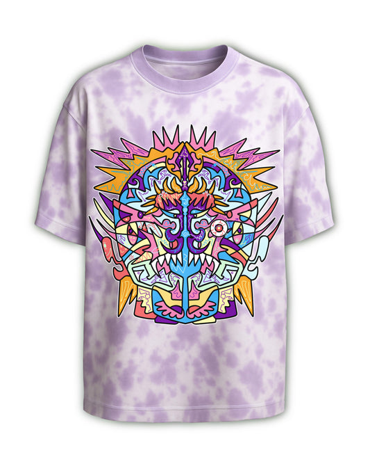Tie-dye t-shirt with a colorful geometric design on a white background

