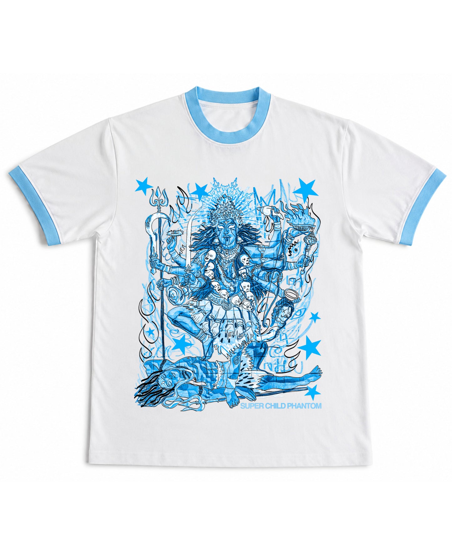 White & Sky Blue Ringer tee Front Design