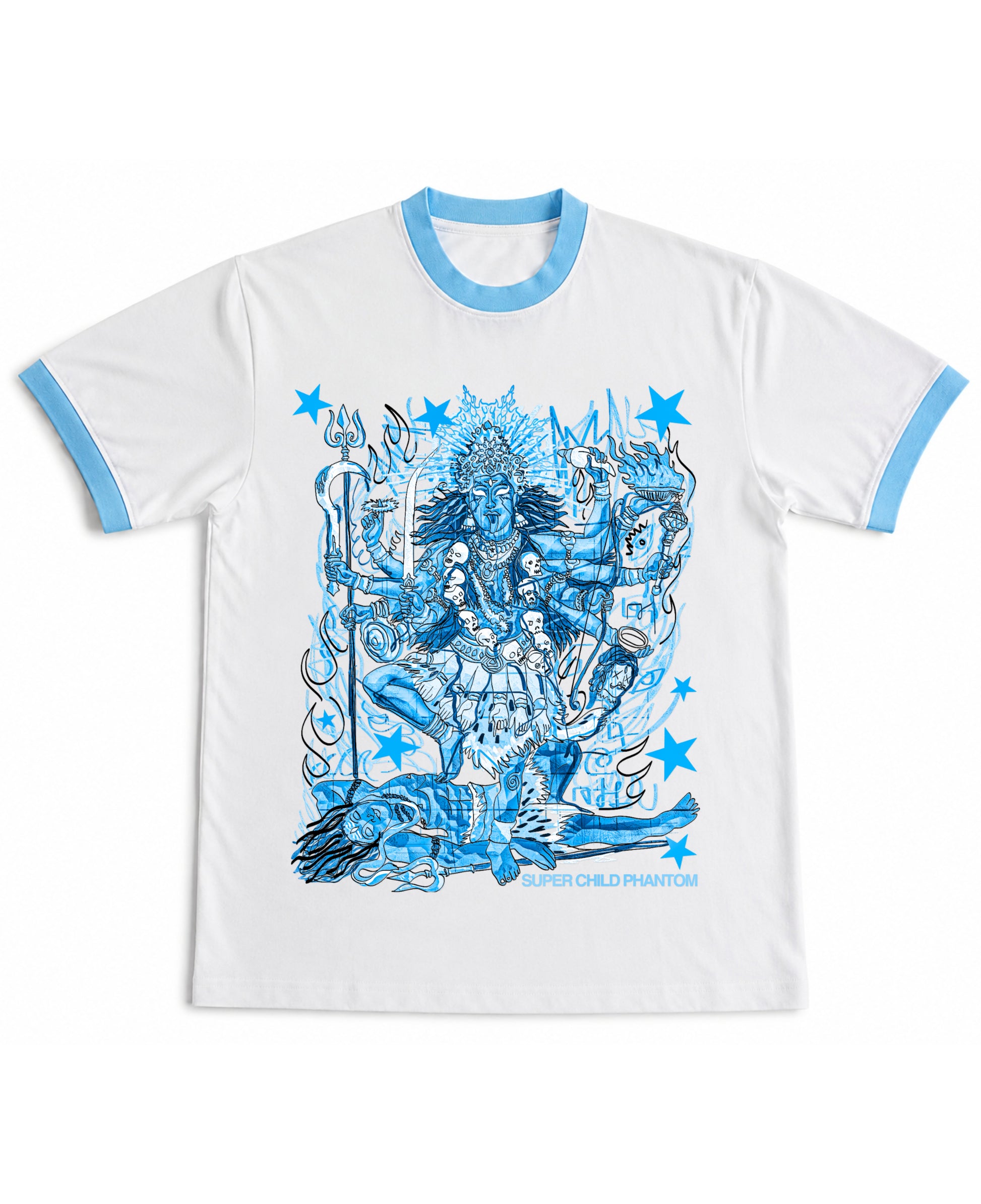 White & Sky Blue Ringer tee Front Design