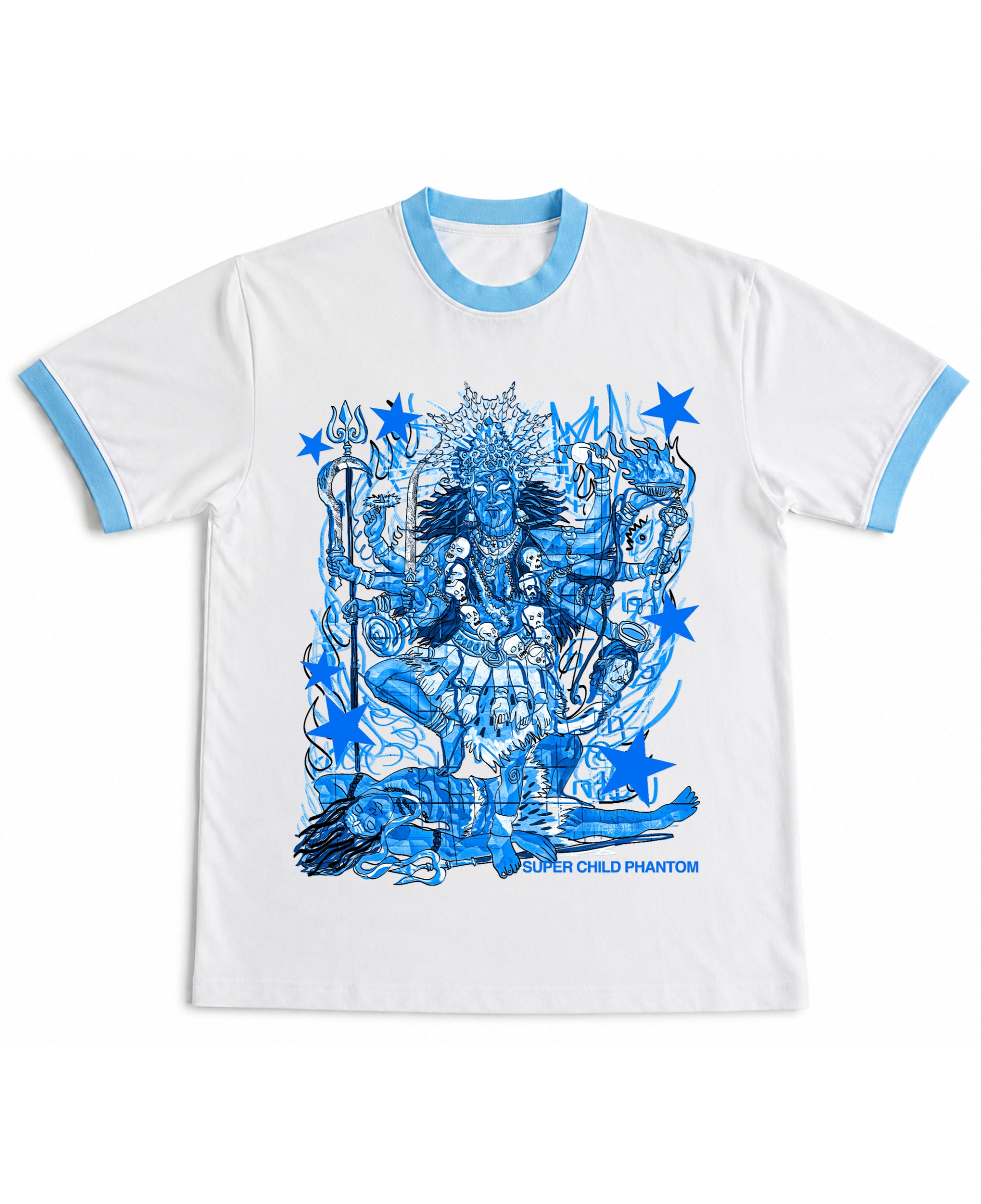White & Sky Blue Ringer tee Front Design