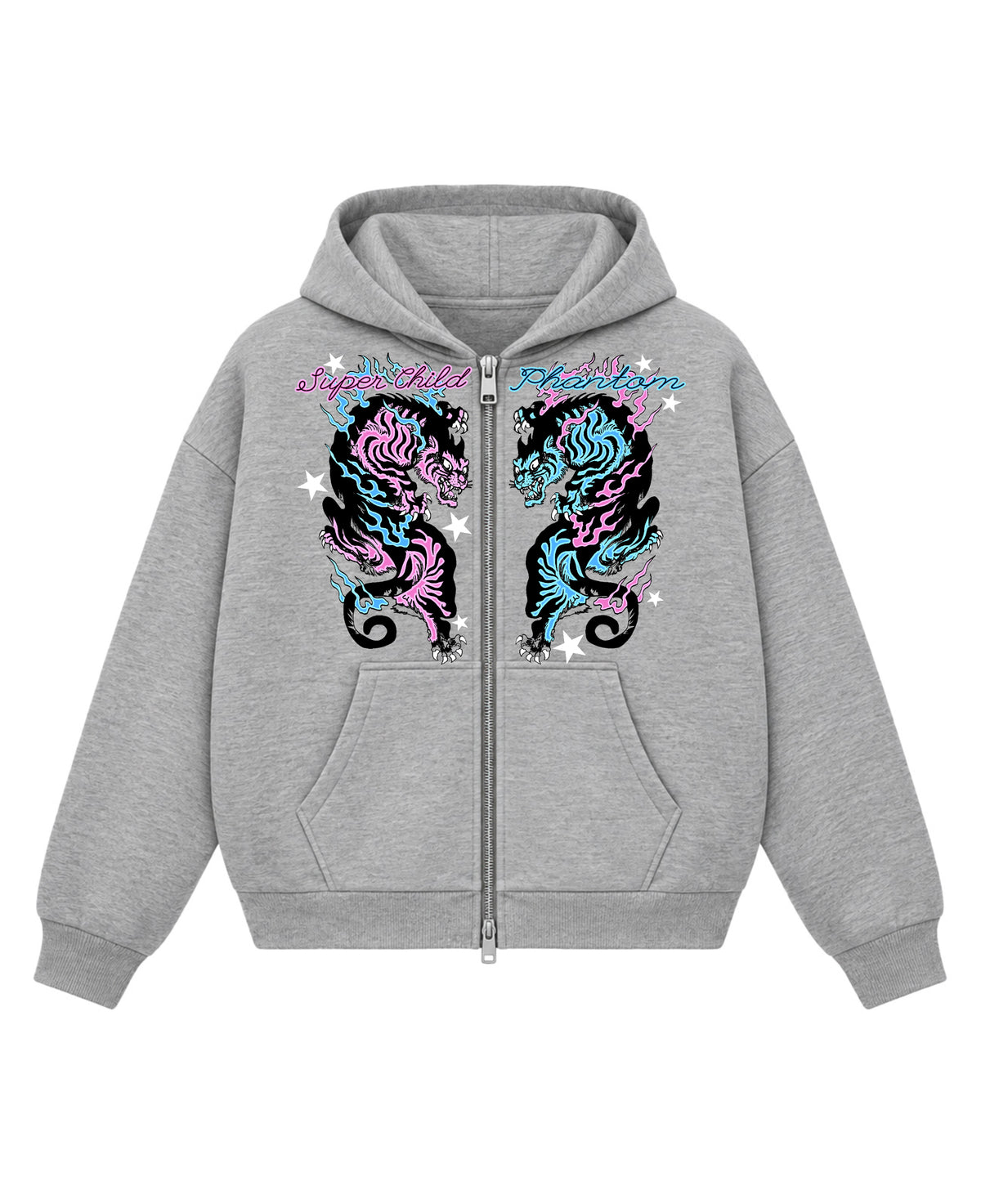 Grey Boxy Dual Zipper Hoodie Front Design