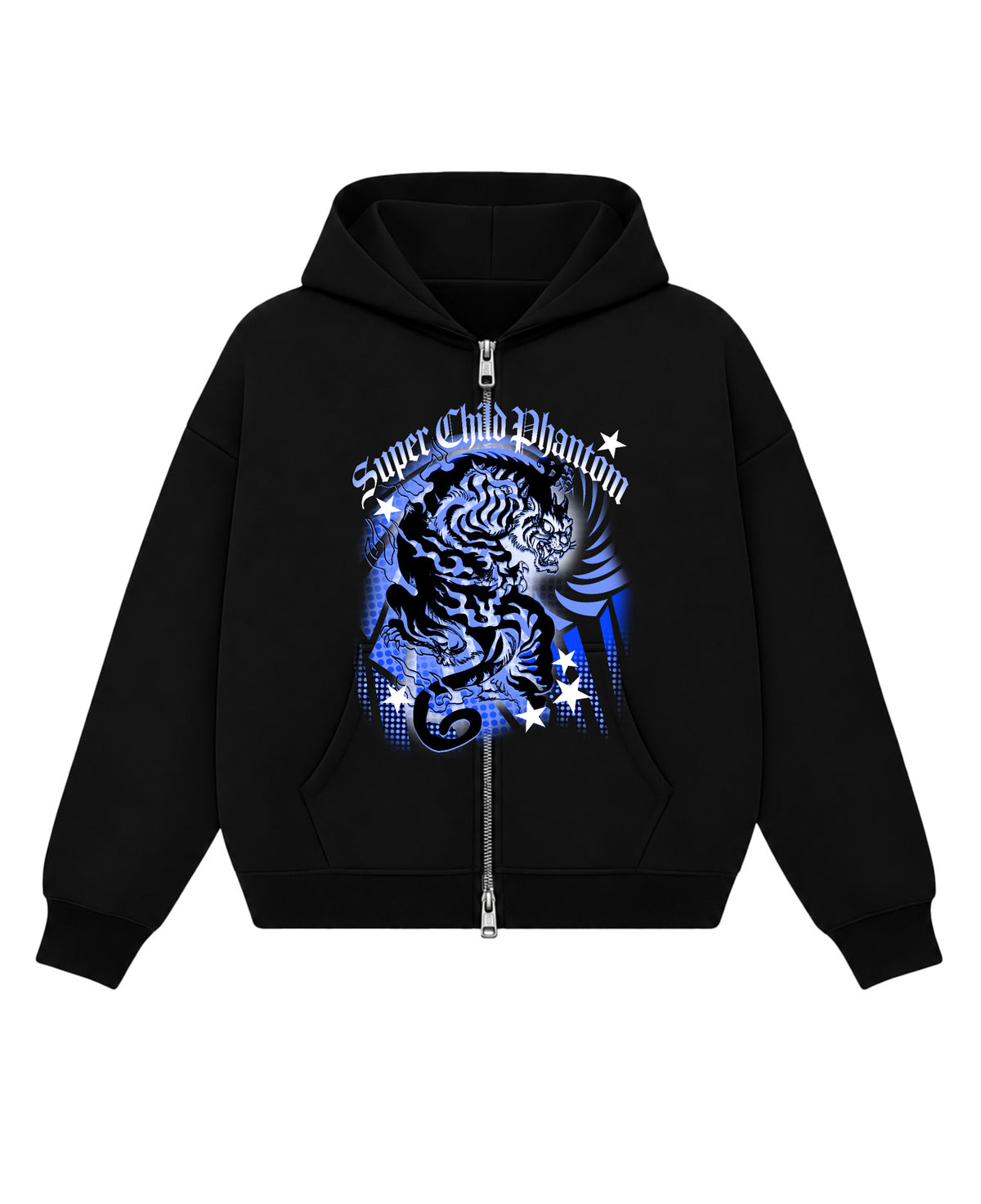 Black Boxy Double Zipped Hoodie  Front Design