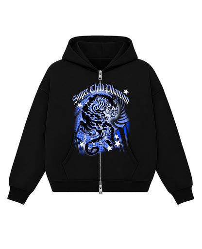 Black Boxy Double Zipped Hoodie  Front Design