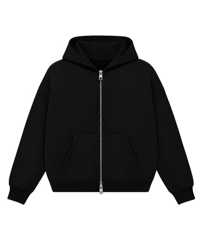 Black Boxy Dual Zipper Hoodie Front Design