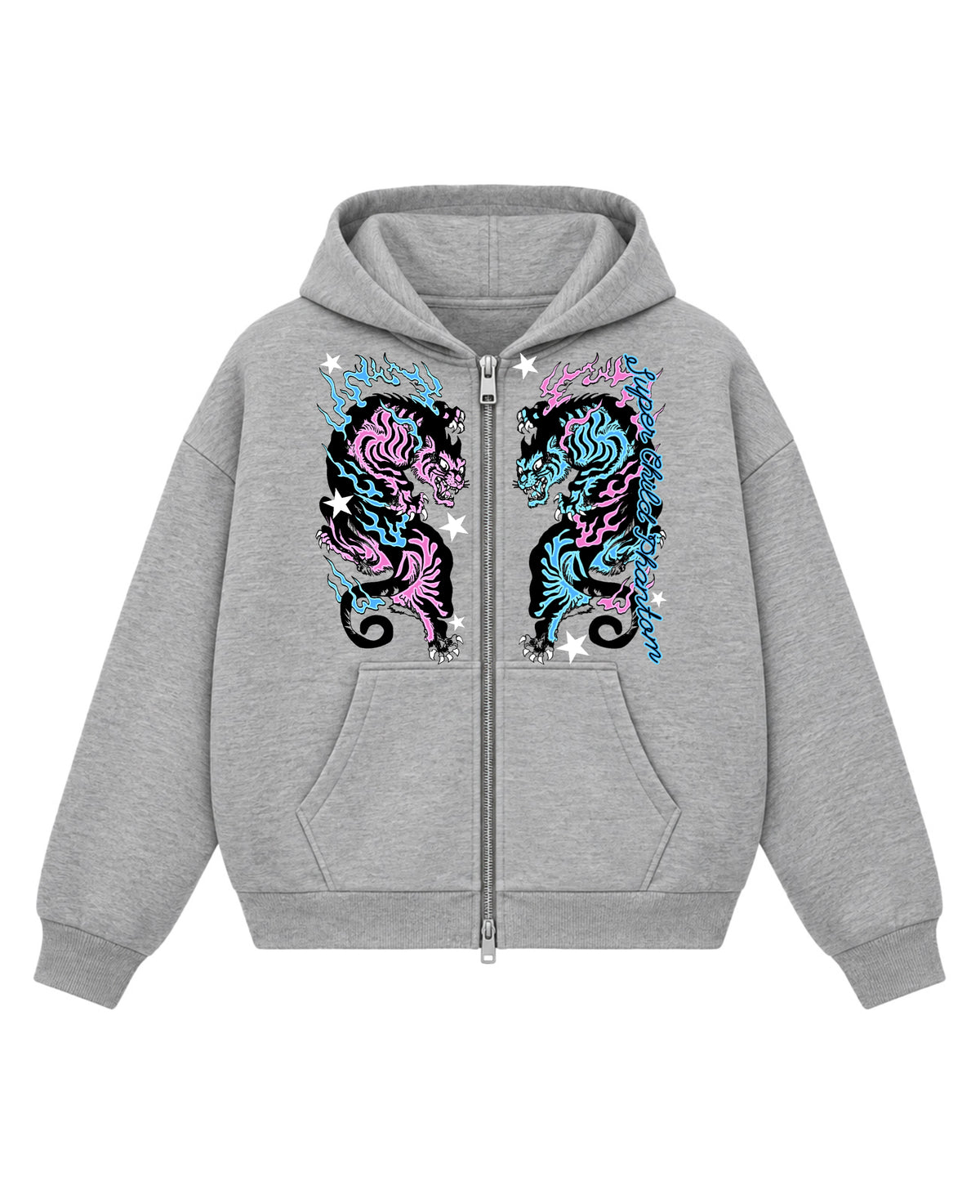 Grey Boxy Double Zipped Hoodie Front Design