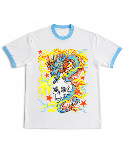 White & Sky Blue Ringer tee Front Design