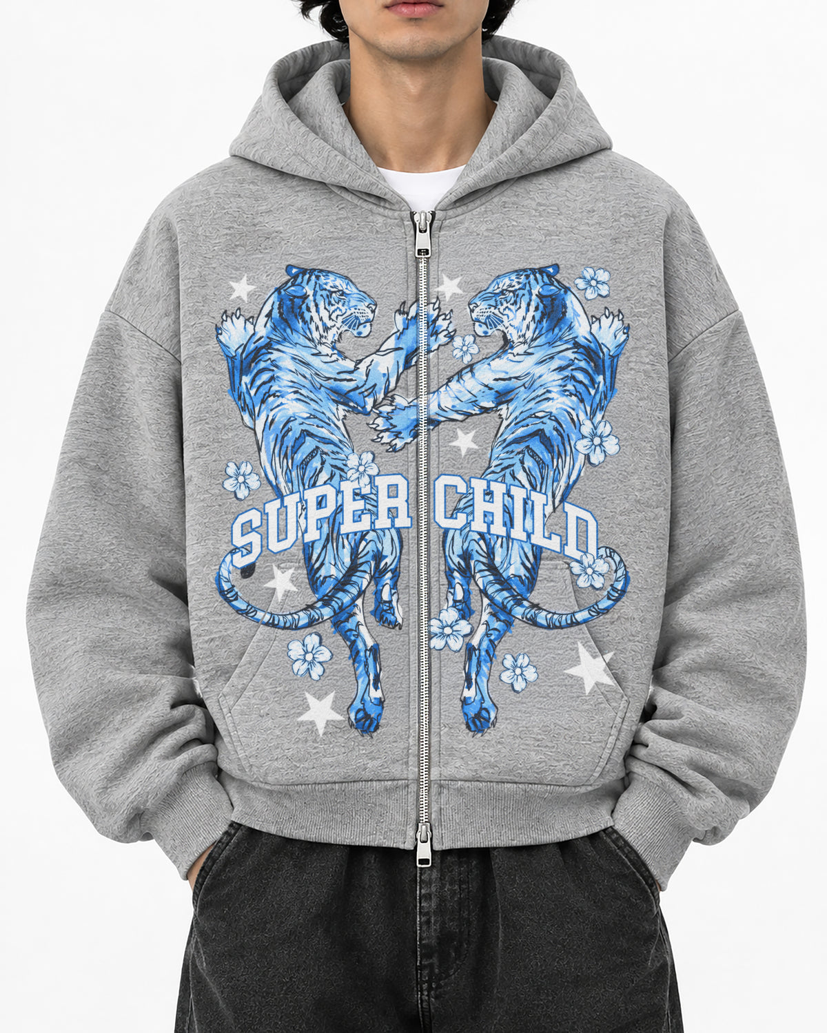 Blue Tigers (Grey Zip Hoodie)