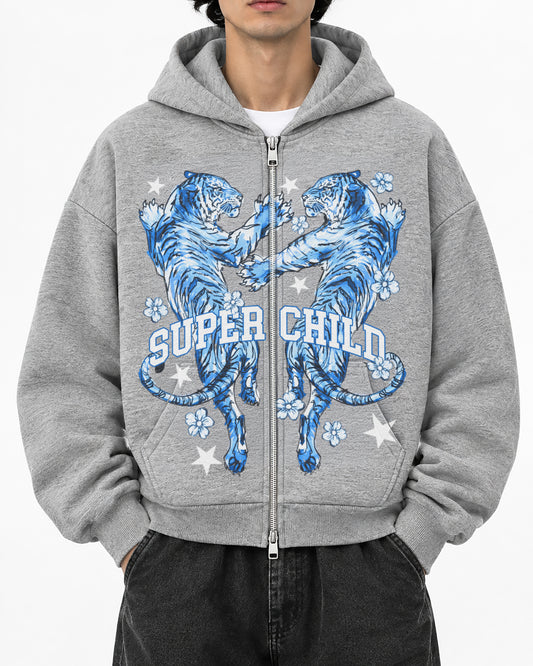 Blue Tigers (Grey Zip Hoodie)