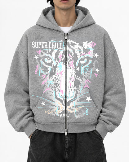 Tiger Close Up (Grey Zip Hoodie)