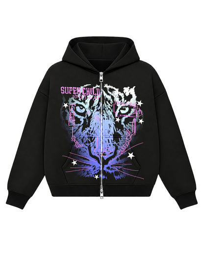 Close Up Tiger (Black Zip Hoodie)