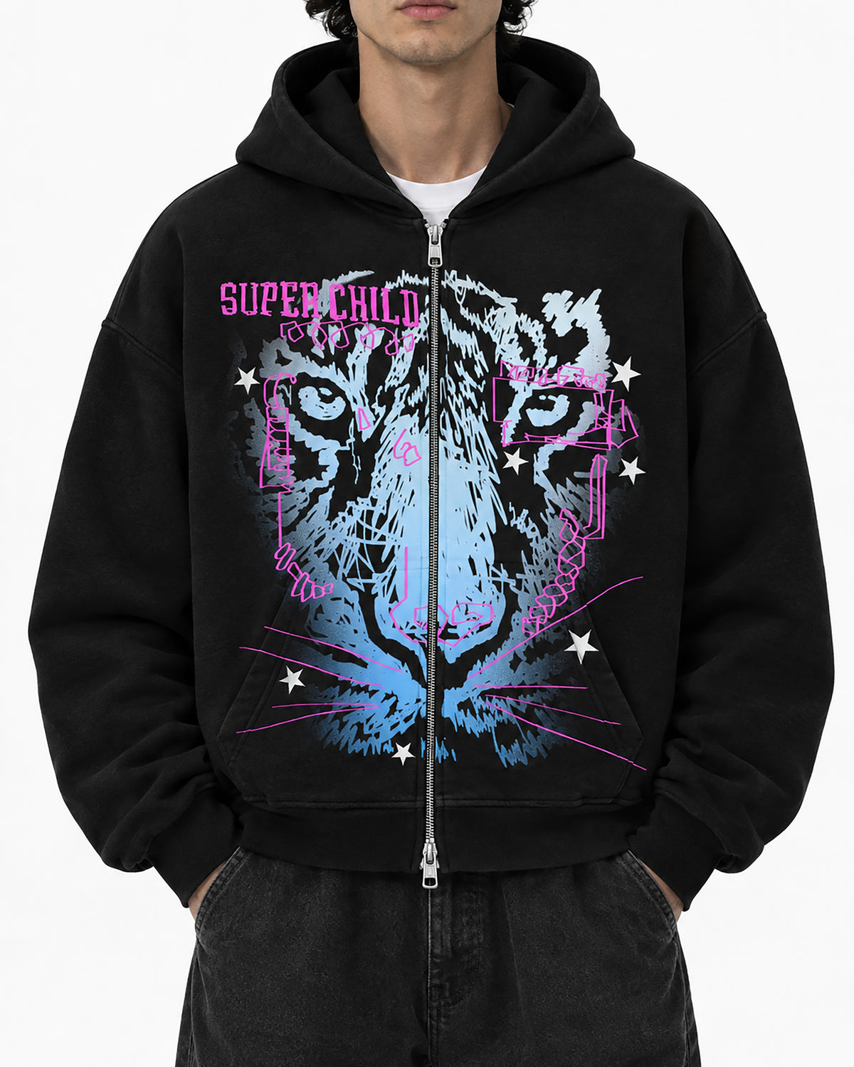 Close Up Tiger (Black Zip Hoodie)